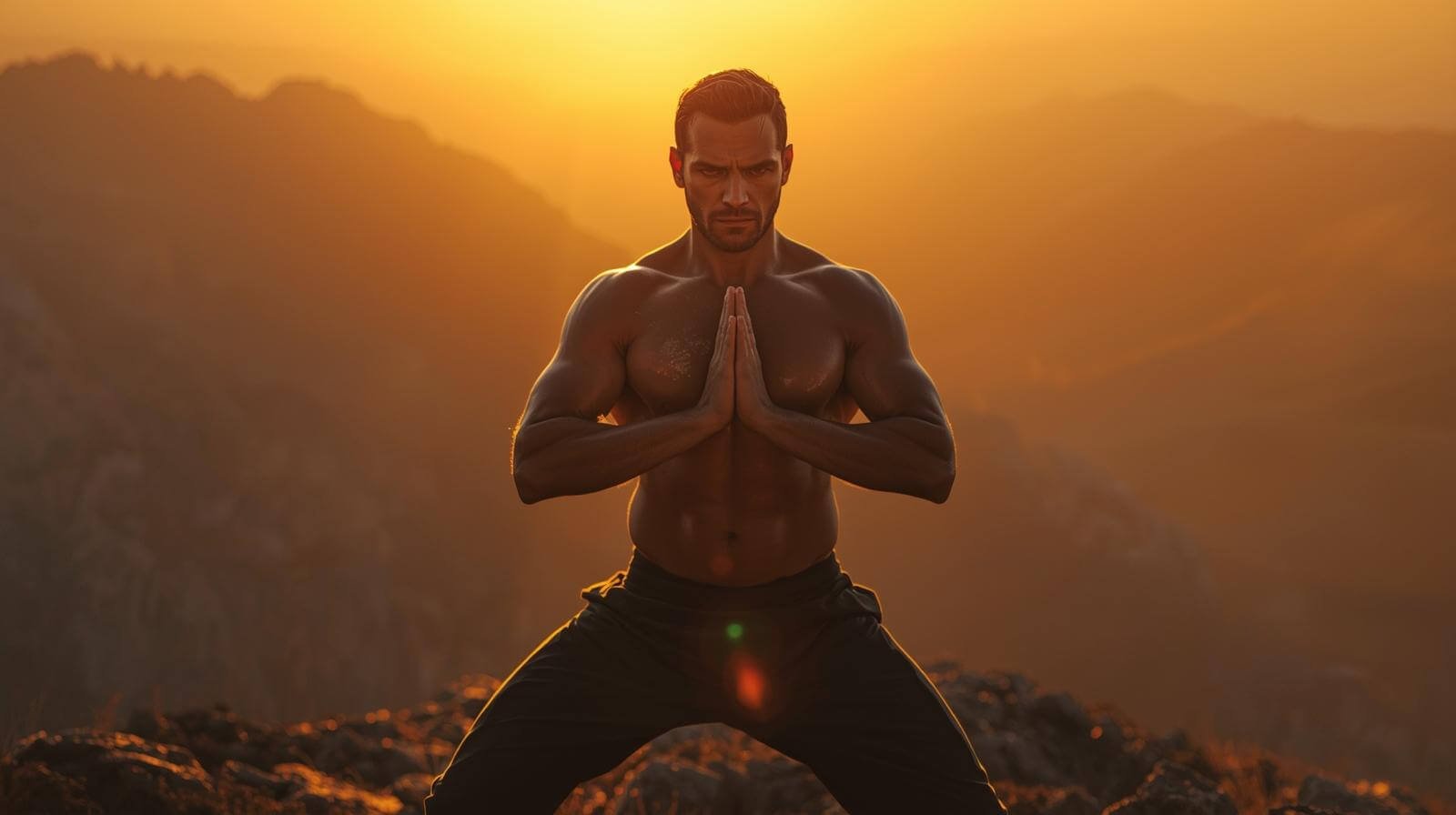 A-powerful-focused-man-standing-alone-at-sunrise-on-a-rugged-mountain-peak