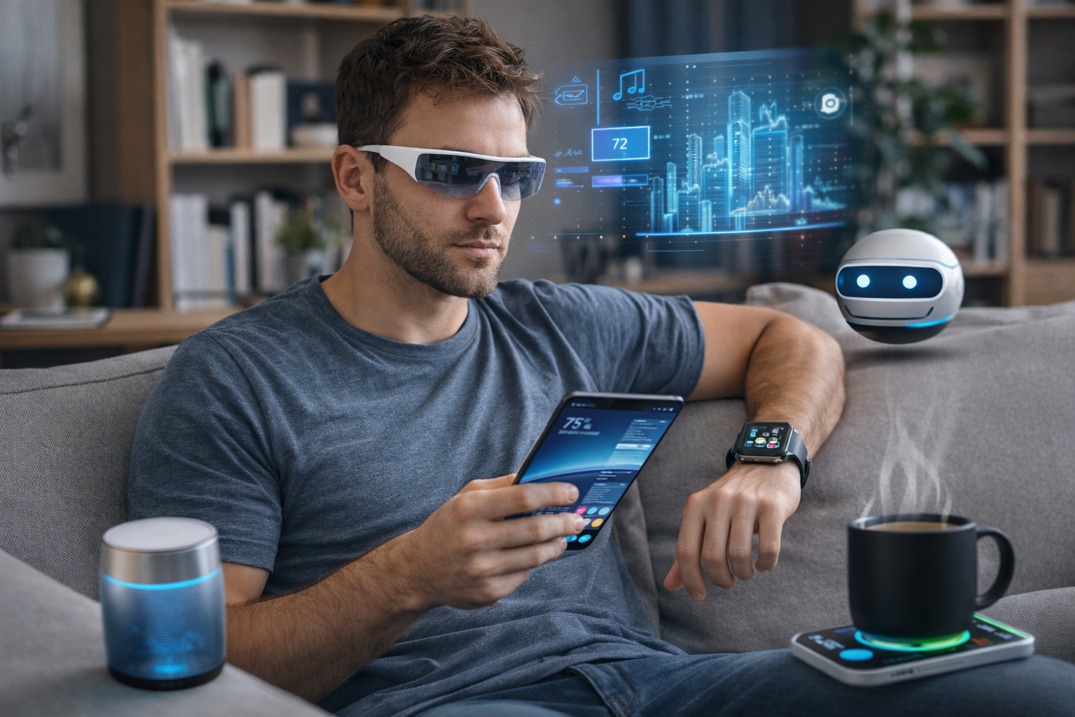 Modern man with futuristic gadgets