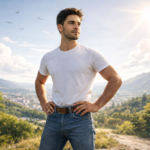 Confident man overlooking serene landscape