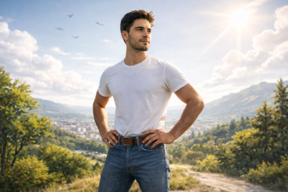 Confident man overlooking serene landscape