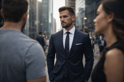 Confident professional in city setting