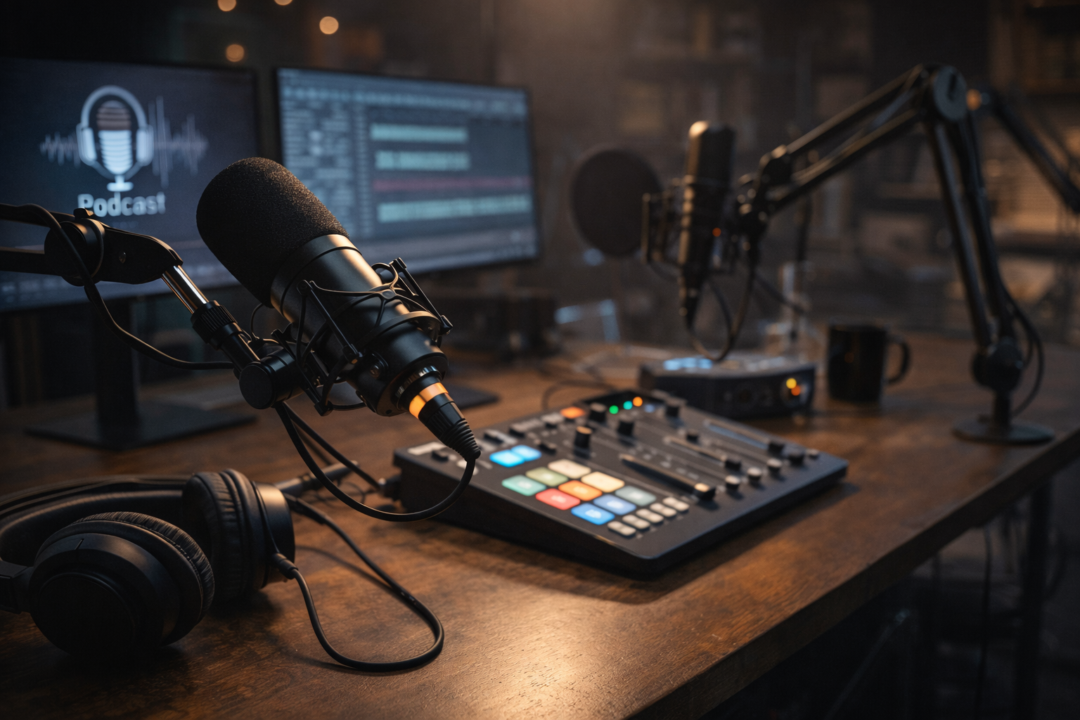 Podcast studio setup with gear highlights