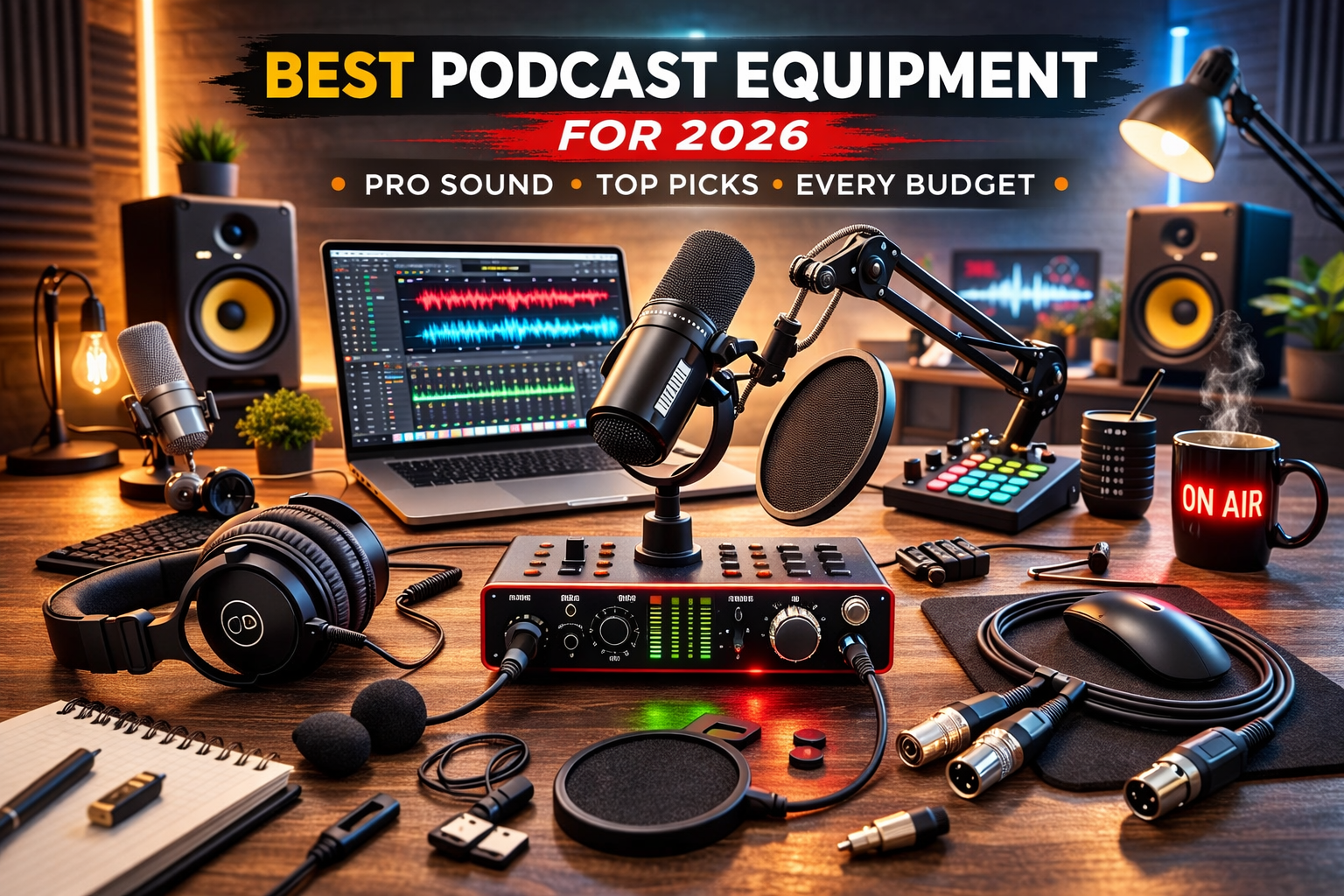 Best podcast equipment for 2026 including microphone, audio interface, headphones, and studio setup