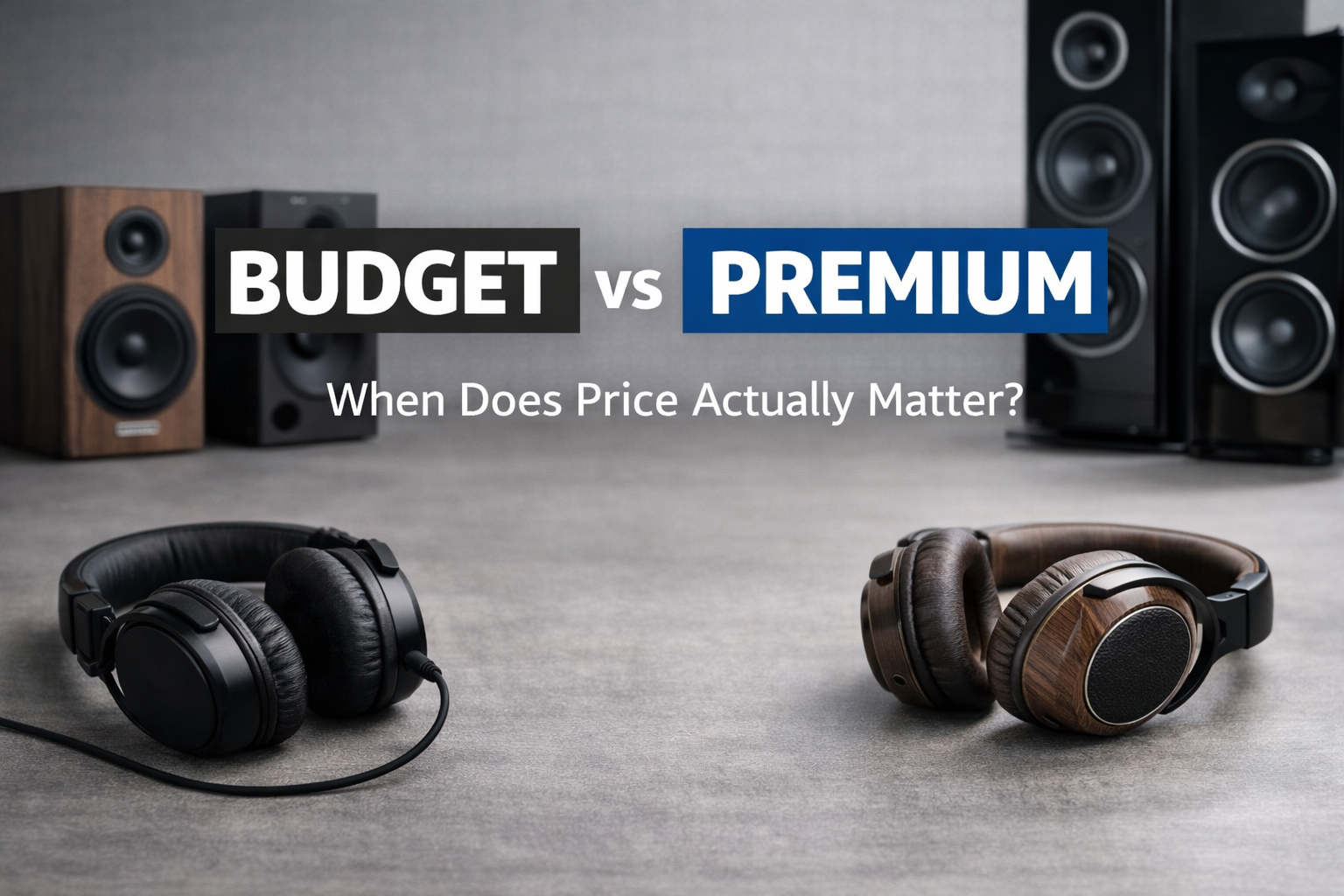 Budget vs premium audio gear comparison featuring entry-level and high-end headphones and speakers side by side