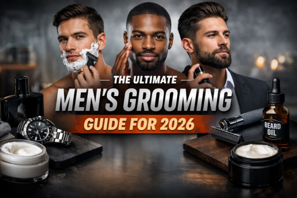 Men using grooming products including razor beard oil moisturizer and cologne for a complete grooming routine
