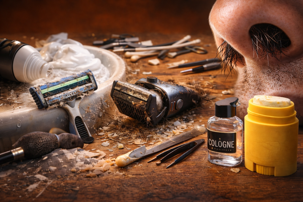 Close-up of a messy bathroom counter with dirty razor, clogged trimmer, used grooming tools, and shaving cream illustrating common men’s grooming mistakes.
