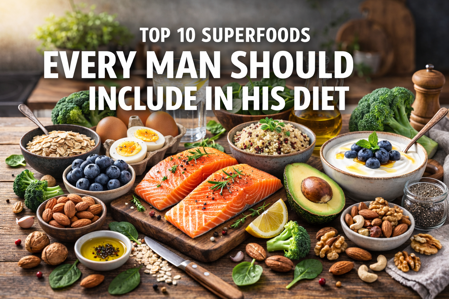 Assortment of healthy superfoods for men, including grilled salmon, avocado, eggs, blueberries, quinoa, spinach, nuts, and Greek yogurt, arranged on a wooden table with natural lighting.