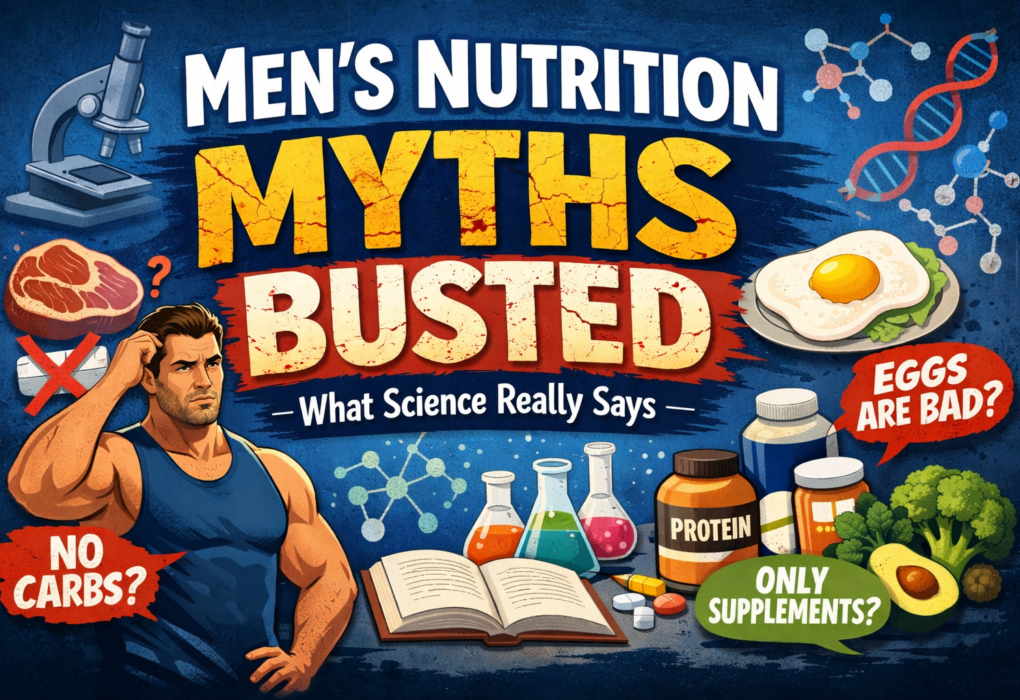 Graphic blog header reading “Men’s Nutrition Myths Busted: What Science Really Says” in large bold text. A muscular man looks puzzled beside images of steak, eggs, protein powder, vegetables, lab beakers, and a microscope, with speech bubbles asking “No Carbs?”, “Eggs Are Bad?” and “Only Supplements?” on a dark blue background.