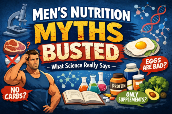 Graphic blog header reading “Men’s Nutrition Myths Busted: What Science Really Says” in large bold text. A muscular man looks puzzled beside images of steak, eggs, protein powder, vegetables, lab beakers, and a microscope, with speech bubbles asking “No Carbs?”, “Eggs Are Bad?” and “Only Supplements?” on a dark blue background.