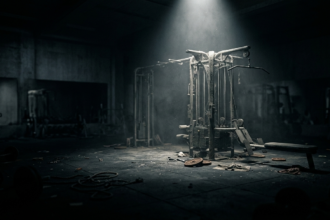 Minimalist home gym with kettlebells and barbells in dark industrial loft, dramatic shaft of morning light, concrete floor, photorealistic, no text