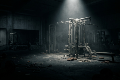 Minimalist home gym with kettlebells and barbells in dark industrial loft, dramatic shaft of morning light, concrete floor, photorealistic, no text