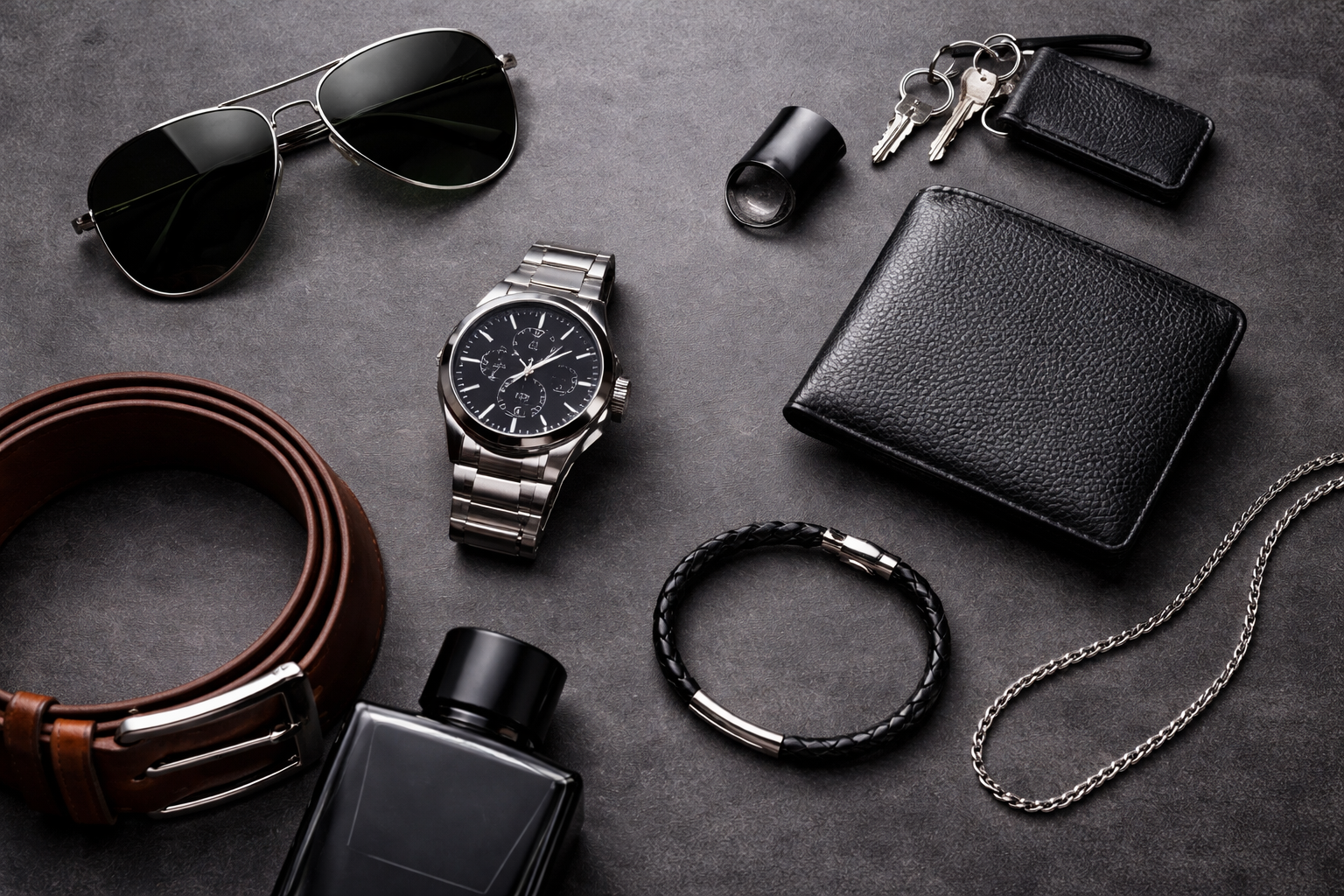 Men's accessories flat lay arrangement