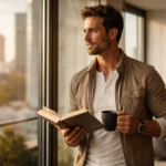 Morning reflection with book and coffee
