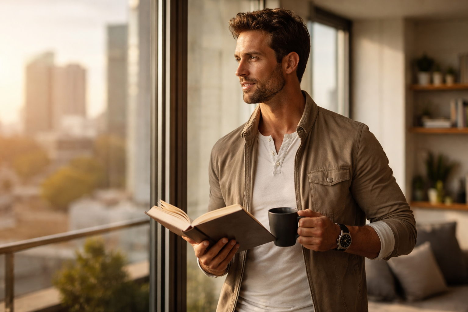 Morning reflection with book and coffee