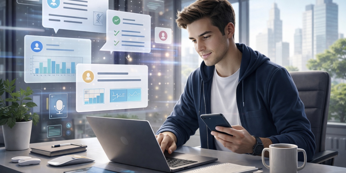 Modern workspace with holographic interfaces