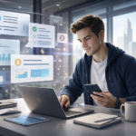 Modern workspace with holographic interfaces