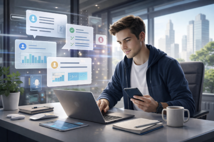 Modern workspace with holographic interfaces