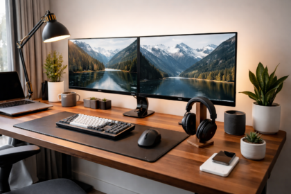 Modern home office with dual monitors