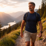 Hiking at dawn in the mountains