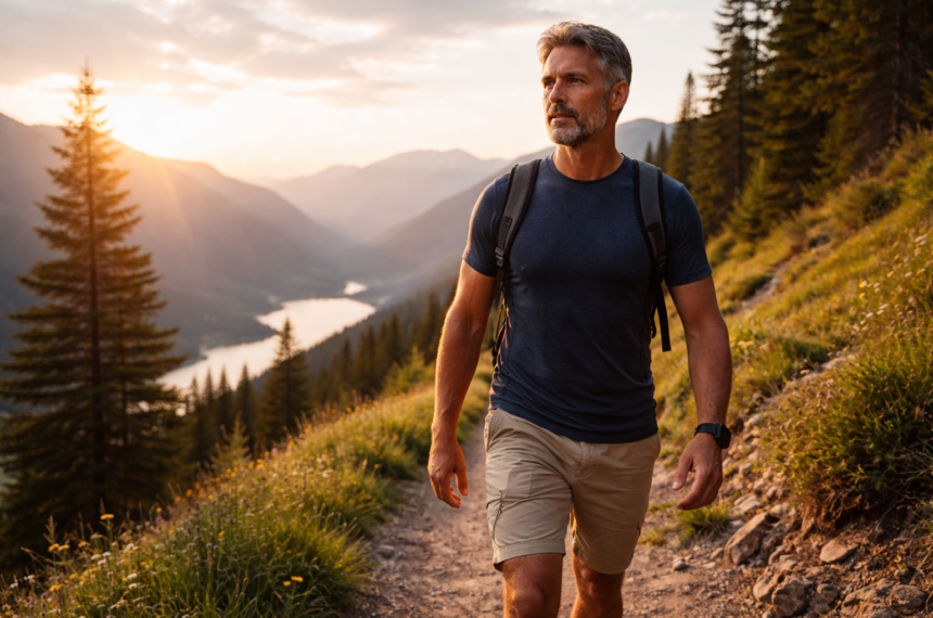 Hiking at dawn in the mountains