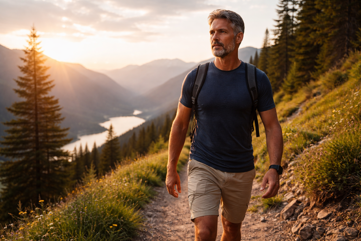 Hiking at dawn in the mountains