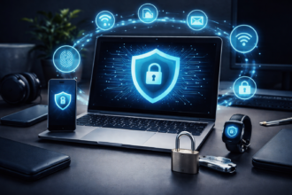 Digital security setup on sleek workspace